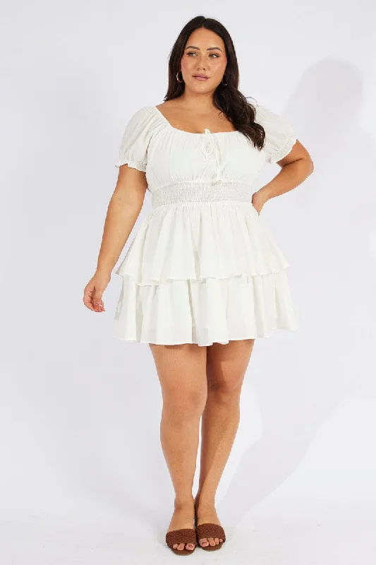 White Minidress Shirred Waist Layered Skirt