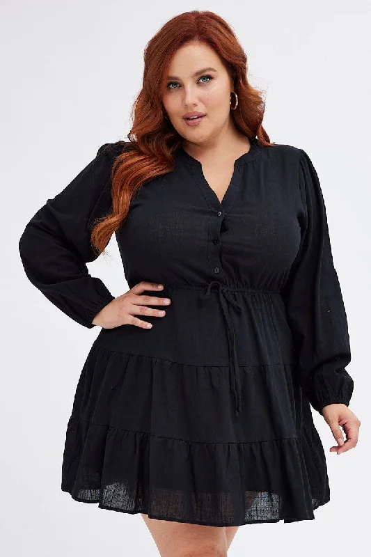 Black Shirt Dress Long Sleeve V-neck Tiered