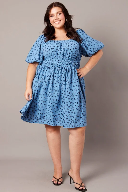 Blue Ditsy Puff Skater Dress