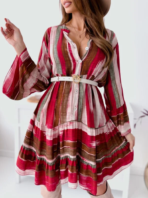 Vibrant Striped Buttoned Mini Dress with  Long Sleeves