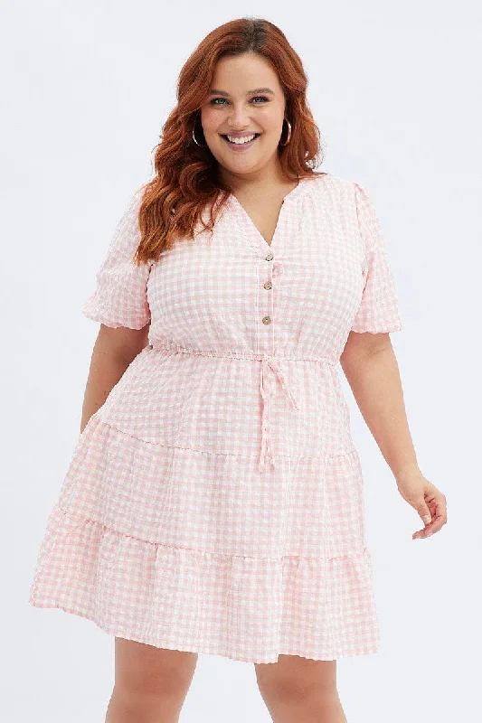 Maternity dress with empire waist for added comfort Pink Check Shirt Dress Short Sleeve Tiered