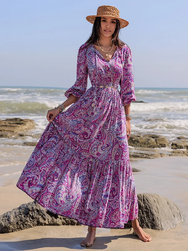 Abstract Purple Printed Balloon Maxi Dress with & Long  Sleeves