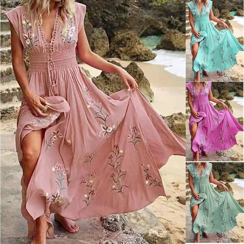 Summer Boho V-neck Fringed Loose Maxi Dress